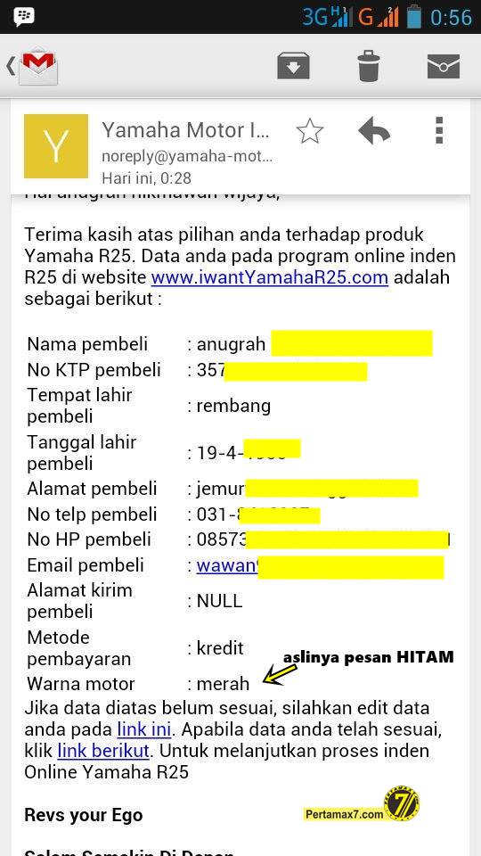 email konfirmasi indent online yamaha YZF-R25 merah
