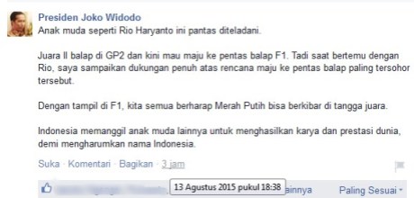 Pernyataan Presiden Indonesia Joko Widodo Apresiasi dan Dukung Rio Haryanto Maju ke Balap F1 pertamax7.com