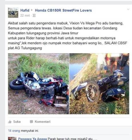 Adu Banteng Yamaha Vixion VS Honda Megapro Remuk akibat Rider Mabuk di Tulungagung  pertamax7.com