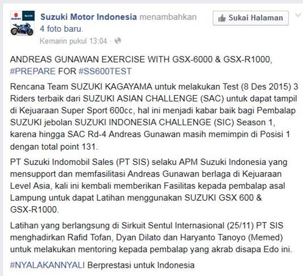 Juara Suzuki Indonesia Challenge Satria F150 berlatih dengan GSX-6000 dan GSX-R1000, dari bebek 150 cc siap loncat Tampil di Supersport 600 01 pertamax7.com