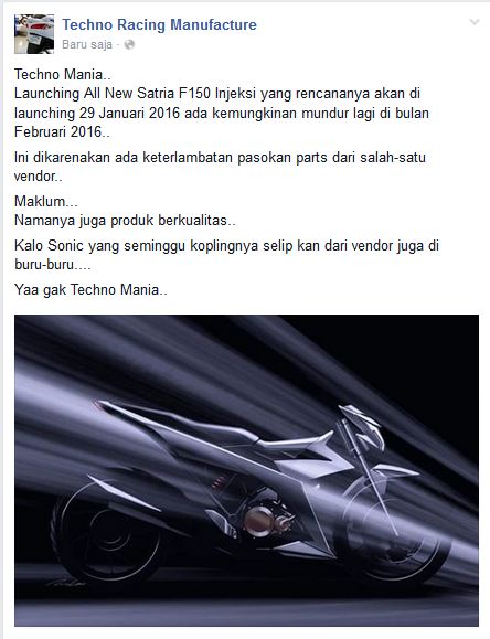 Launching All New Suzuki Satria F 150 Injeksi pada 29 januari 2016 mundur ke Februari karena Vendor